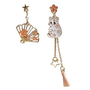 Chinese Style Folding Fan Crane Asymmetrical Long Tassel Earrings for Women